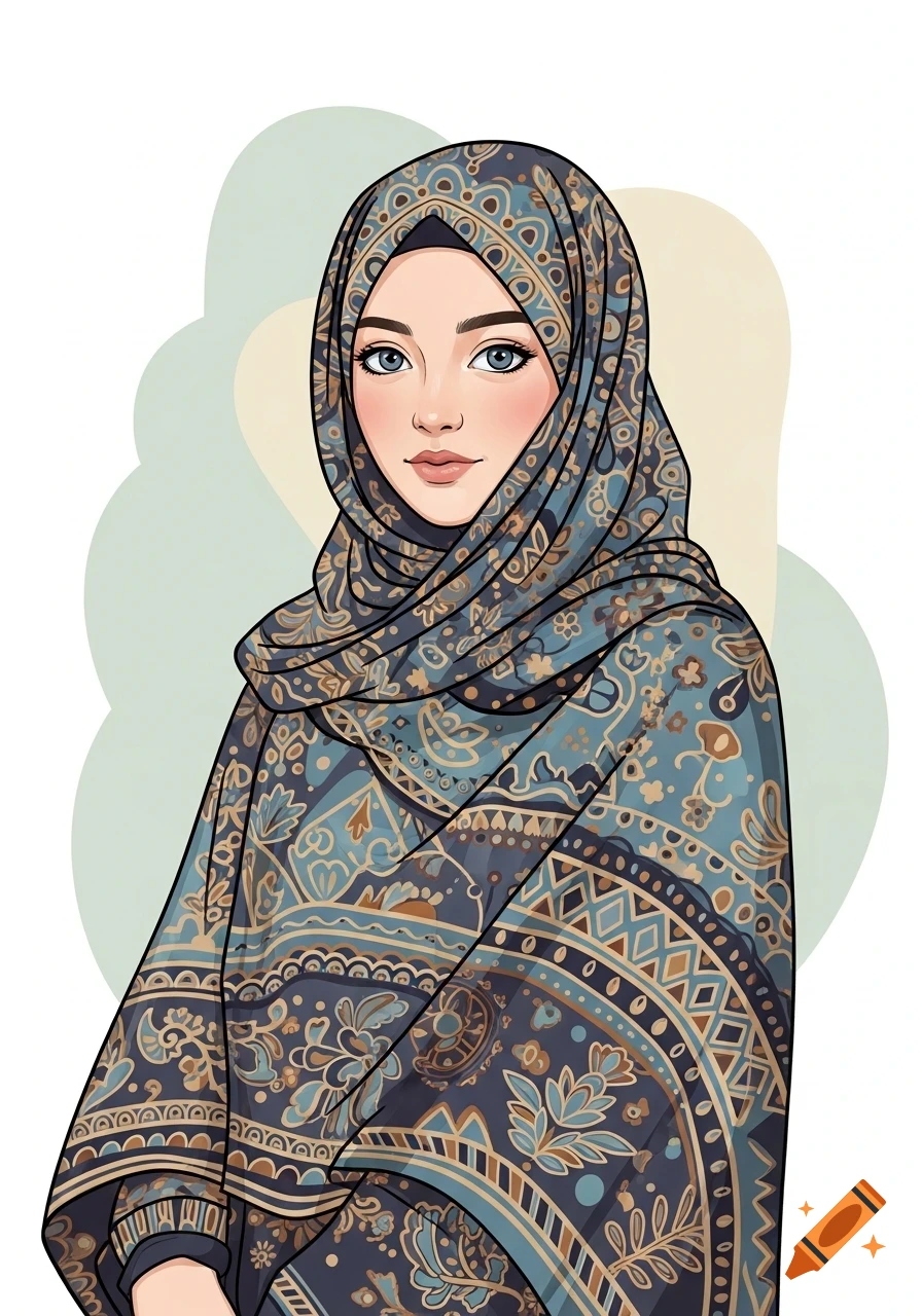 Vector illustration of a girl wearing a blue patterned hijab. on Craiyon