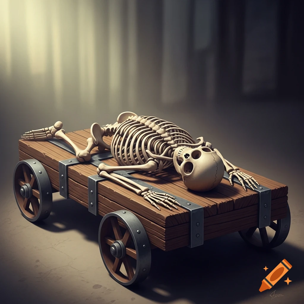 A stylized skeleton lies on a wooden platform with metal-rimmed wheels in a dimly lit setting.