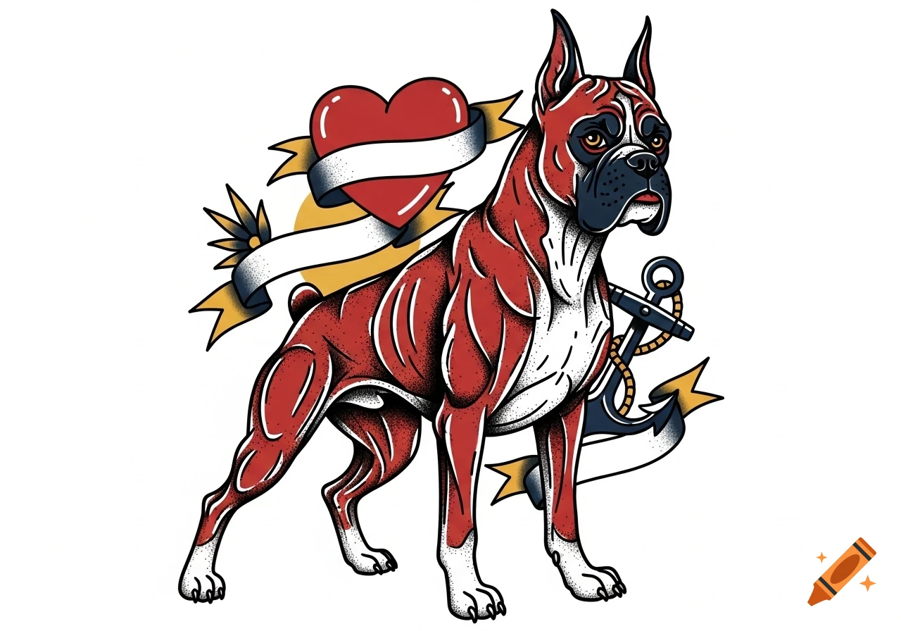 A stylized red and white boxer dog in traditional oldschool tattoo art style, featuring a heart, ribbons, and an anchor.