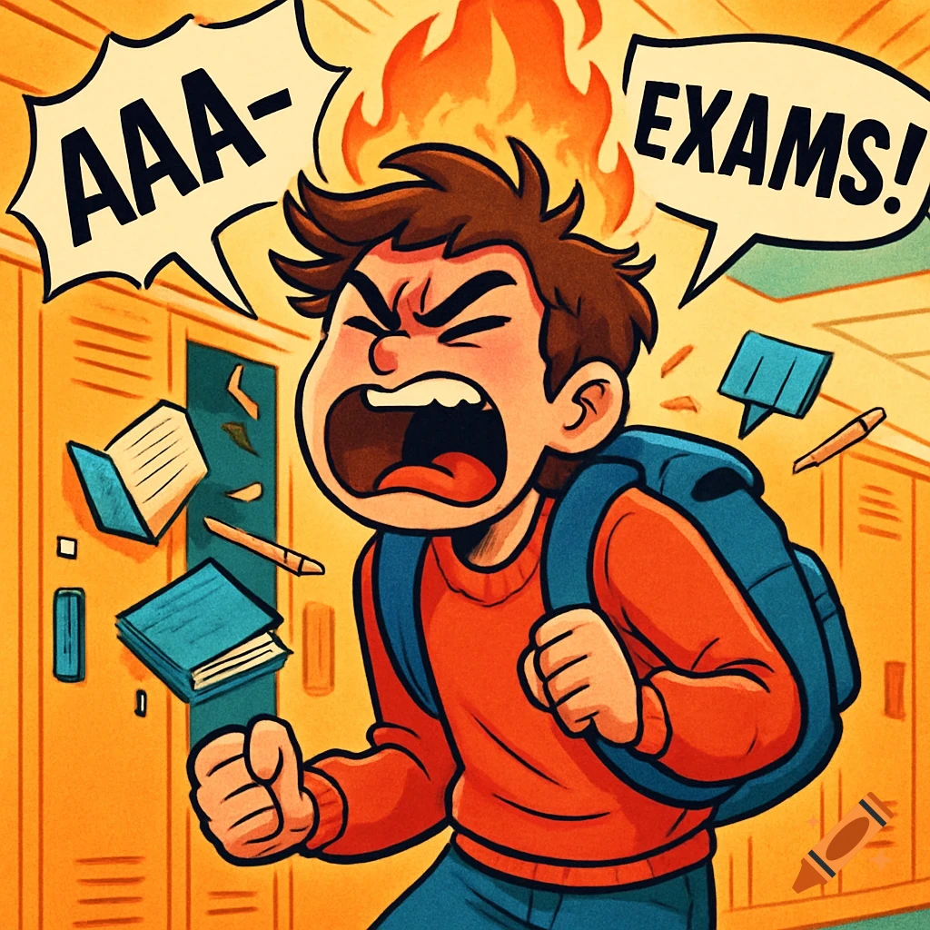 Cartoon boy screaming "AAA- EXAMS!" with fire on his head, in a school hallway with lockers and floating books and pencils.