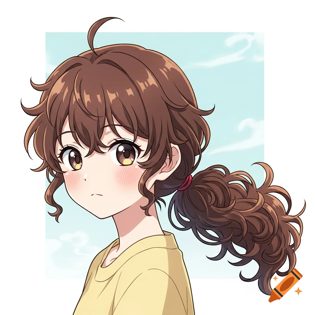Anime portrait of a girl with curly brown hair in a low ponytail, wearing a yellow shirt, against a light blue sky.