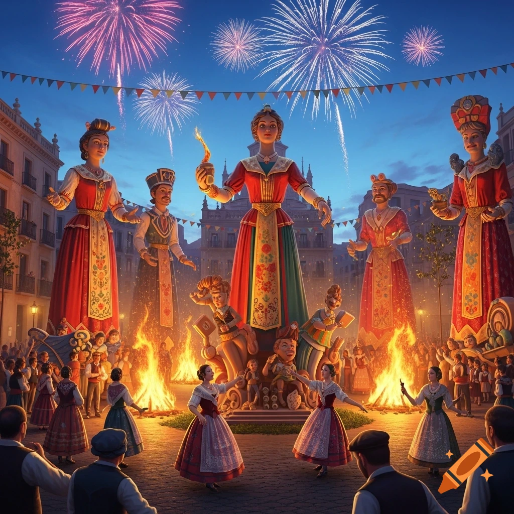 A vibrant festival scene at dusk with massive colorful effigies, people dancing and gathering, and bright fireworks exploding in the sky over a city square.