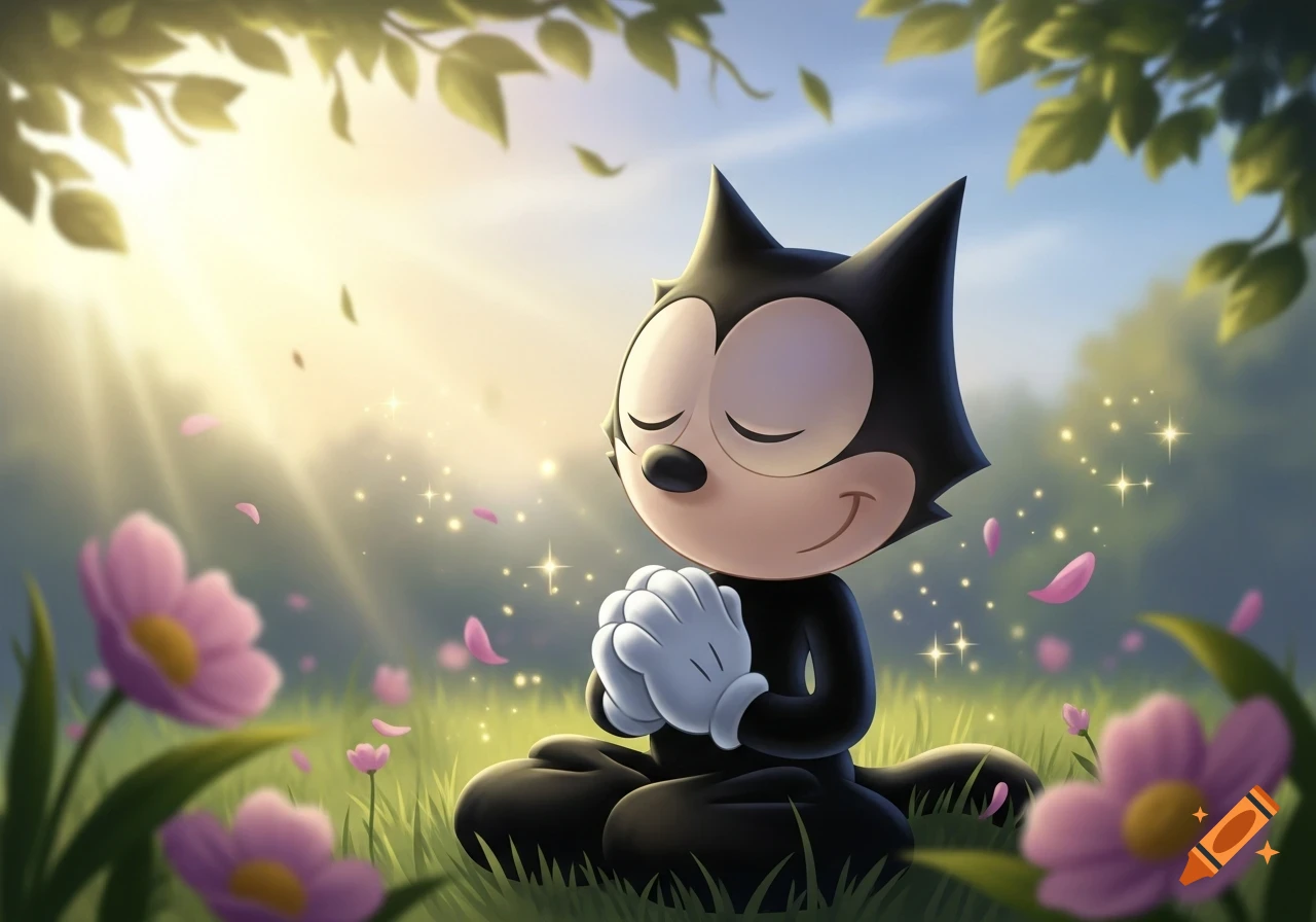 Felix the Cat meditates in a sunny, whimsical meadow with pink flowers and falling petals.