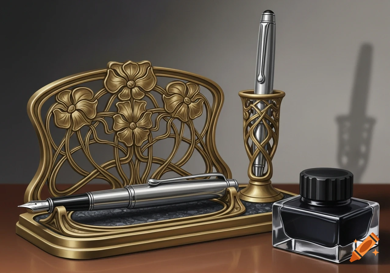 An Art Nouveau golden pen stand with two silver pens and a black inkwell on a brown surface.