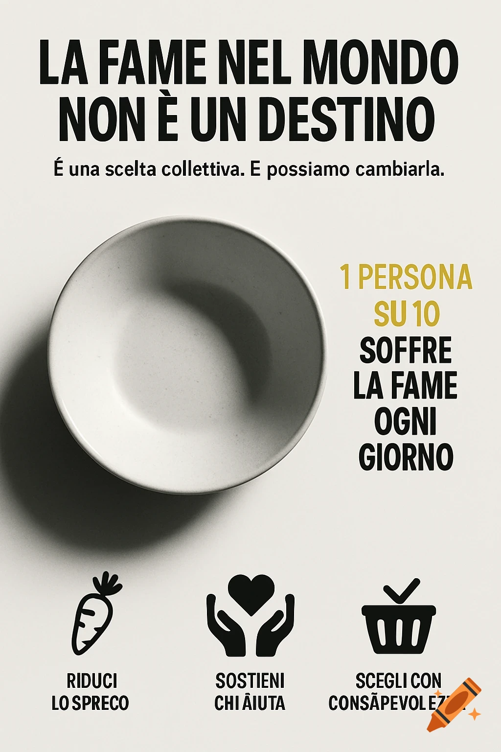 Minimalist poster about world hunger, featuring a large, empty white bowl and bold Italian text on a light background. Text discusses hunger and solutions.