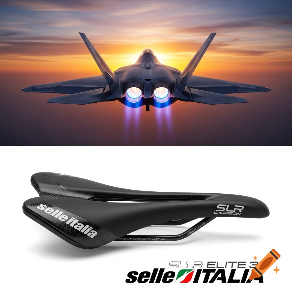 Rear view of a stealth fighter jet flying at sunset above a black bicycle saddle with white branding.