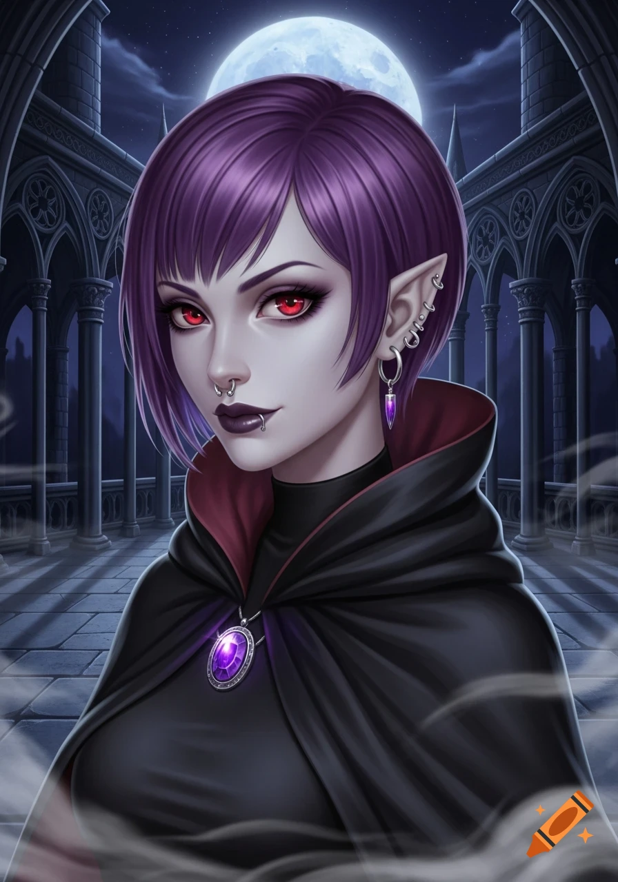 Portrait of a purple-haired vampire woman with red eyes, pale skin, and piercings, wearing a black cape in a Gothic setting under a full moon.