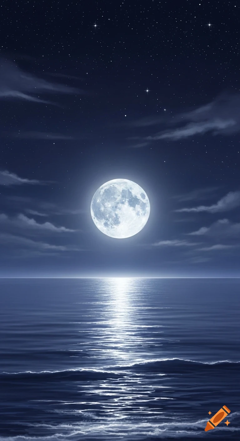 A bright full moon hangs in a dark, starry night sky above a calm ocean, with moonlight reflecting on the water.