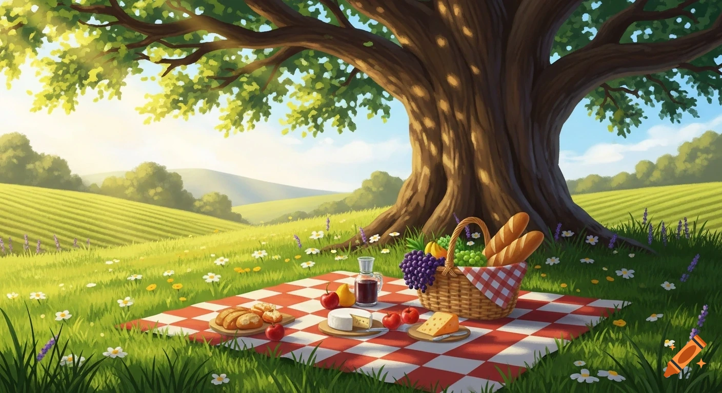 A stylized illustration of a picnic blanket spread with food and a basket under a large leafy tree in a sunny field.