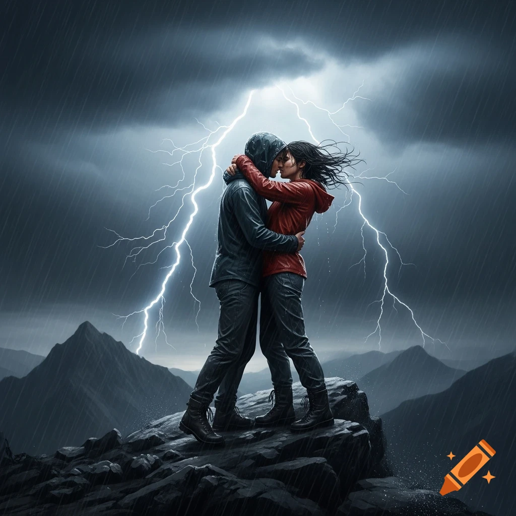 A couple passionately kissing on a stormy mountain peak with lightning and rain, dynamic and photorealistic.