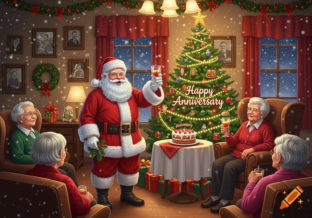Santa Claus toasts with elderly people in a festive Christmas living room with a decorated tree saying 'Happy Anniversary'.