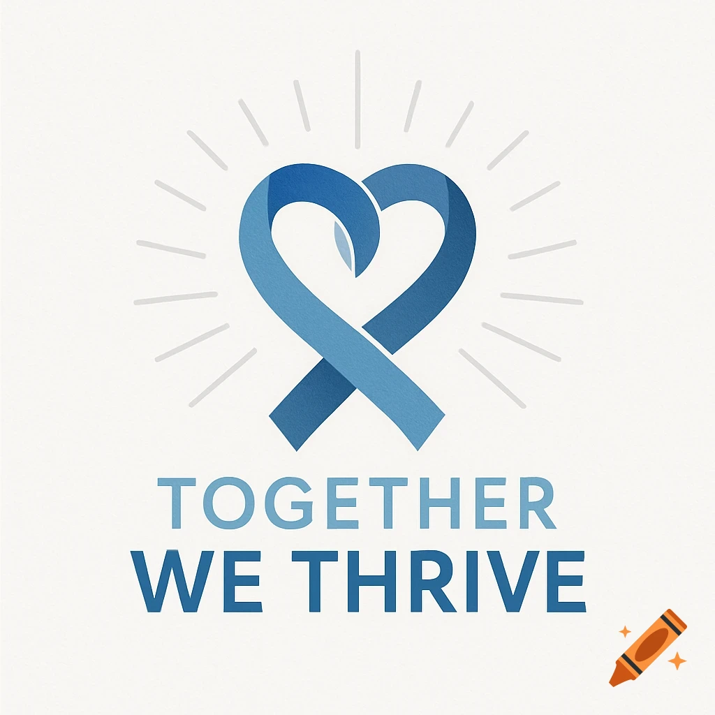 A blue ribbon forming a heart with rays behind it, above the text 'TOGETHER WE THRIVE'.