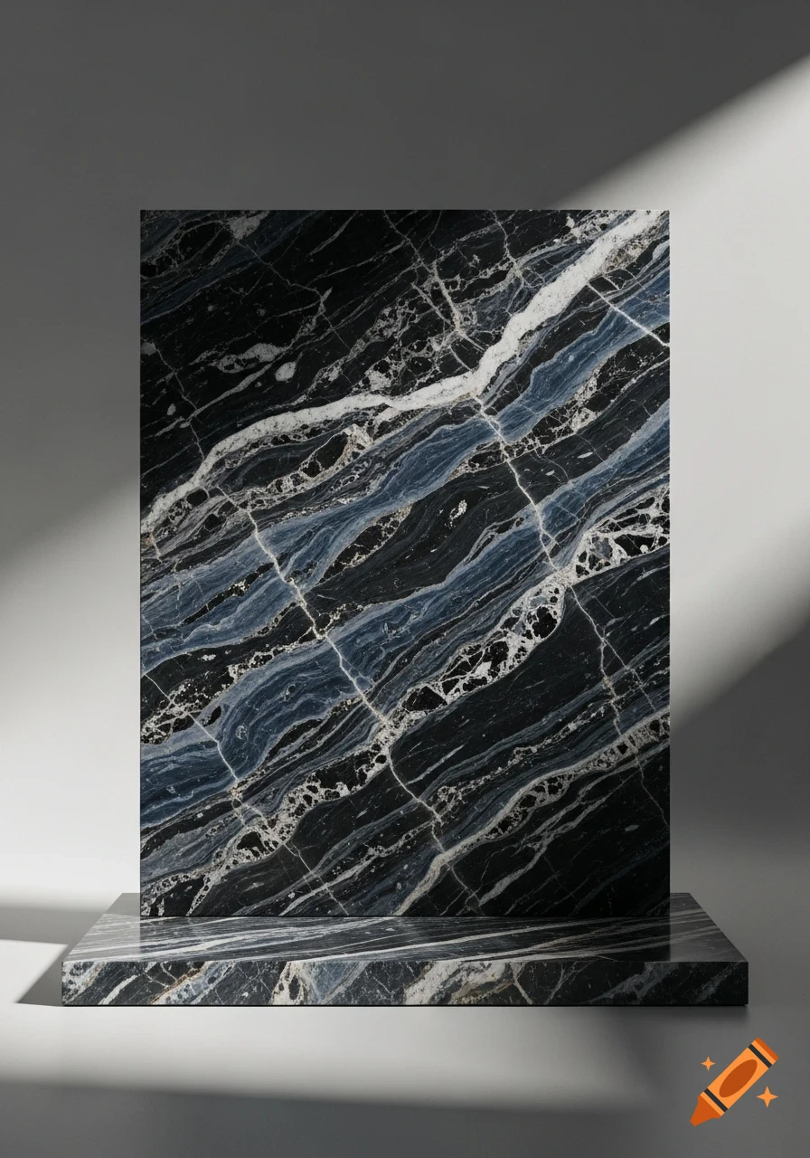 Dark black and blue marble slab display stand with a matching base, casting shadows on a light gray wall in a minimalist setting.