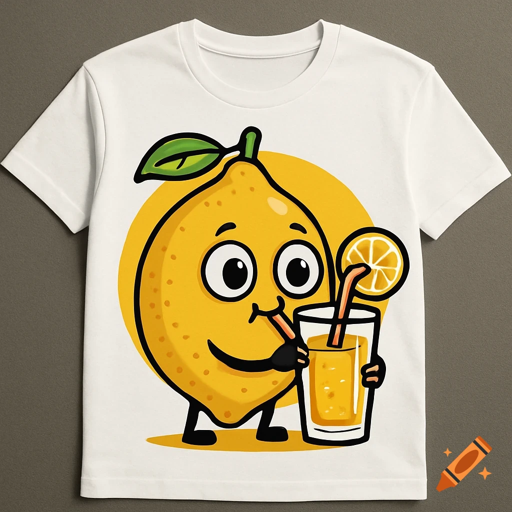 A cheerful cartoon lemon character on a white t-shirt, happily drinking lemonade from a glass with a straw, against a yellow circle background.