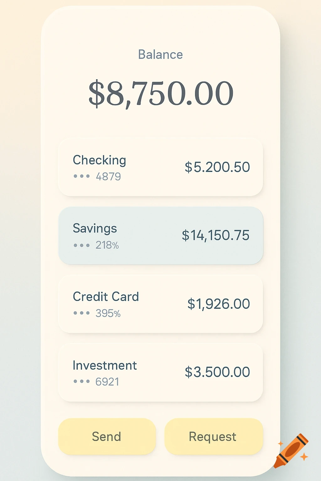 A minimal mobile banking app dashboard showing account balances and options to send or request money.