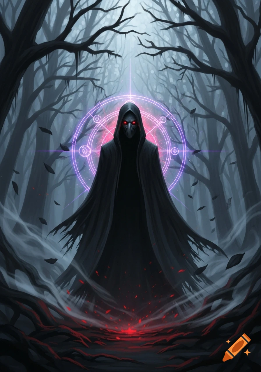 A tall masked figure in a black cloak with glowing red eyes stands in a dark, misty forest with a purple magical circle behind them.