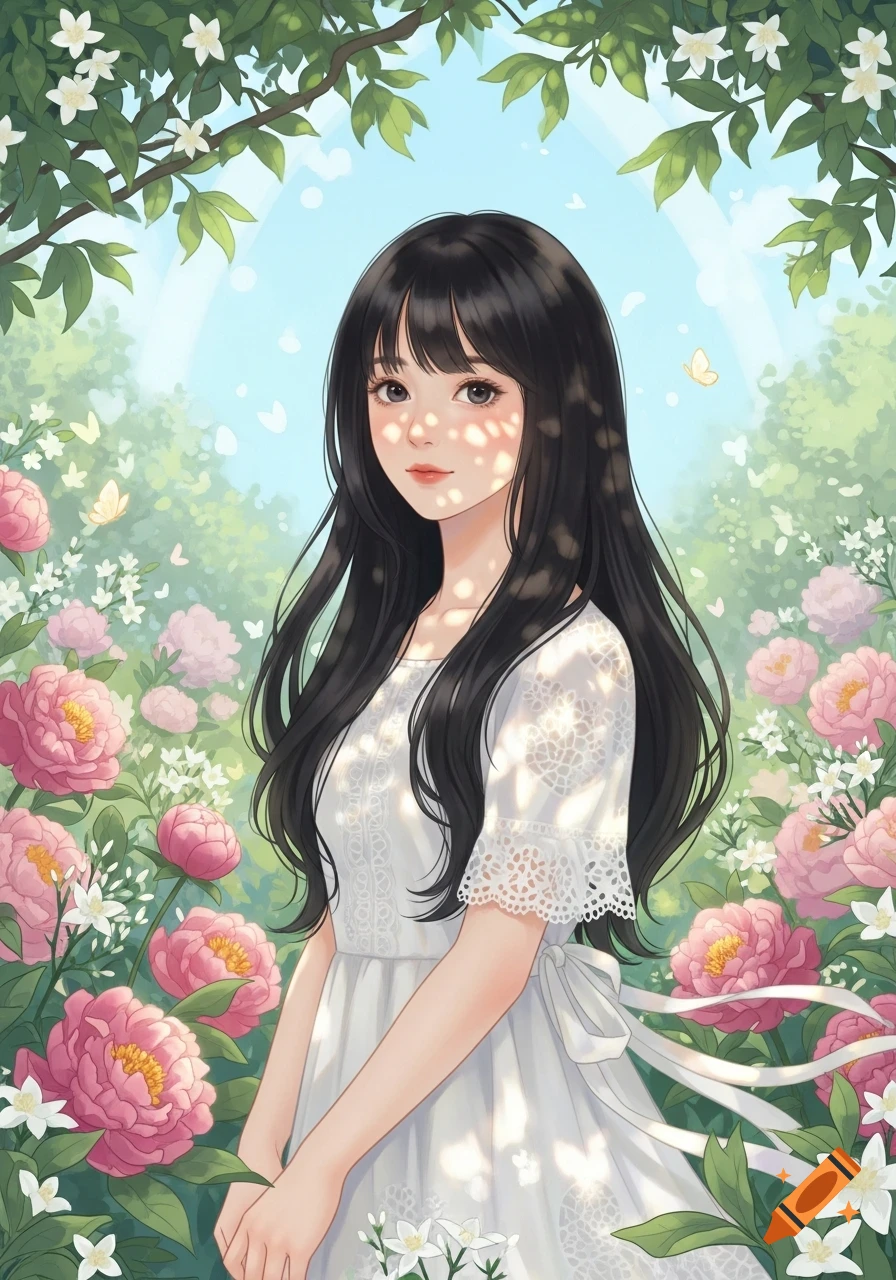 Anime girl with long black hair in a white dress, standing amidst pink flowers and green foliage with dappled sunlight.