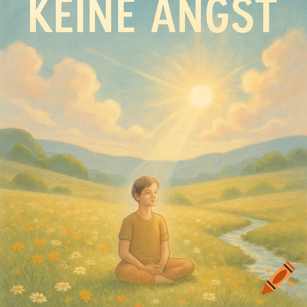 Illustration of a person meditating in a sunny, flower-filled meadow with mountains and a stream. Text 'KEINE ANGST' is at the top.