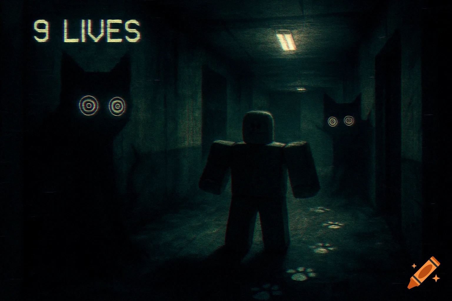 A Roblox character stands in a dark, glitchy hallway with glowing-eyed cat monsters and the text '9 LIVES'.