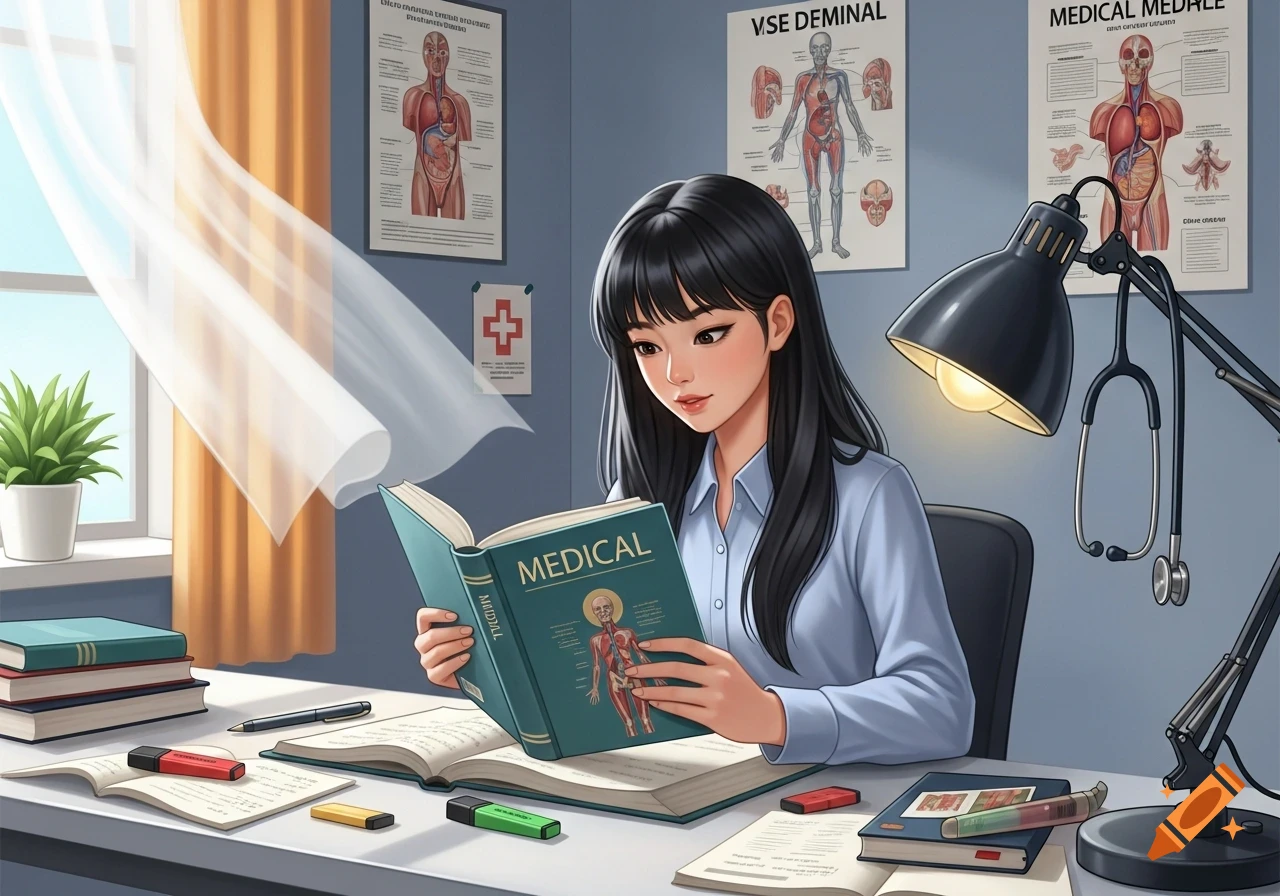 Anime-style illustration of a black-haired girl studying a medical book at a desk with anatomy posters.