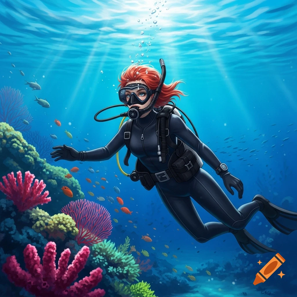 A red-haired woman in a black scuba suit dives gracefully near a vibrant coral reef, with schools of fish and sunbeams above.
