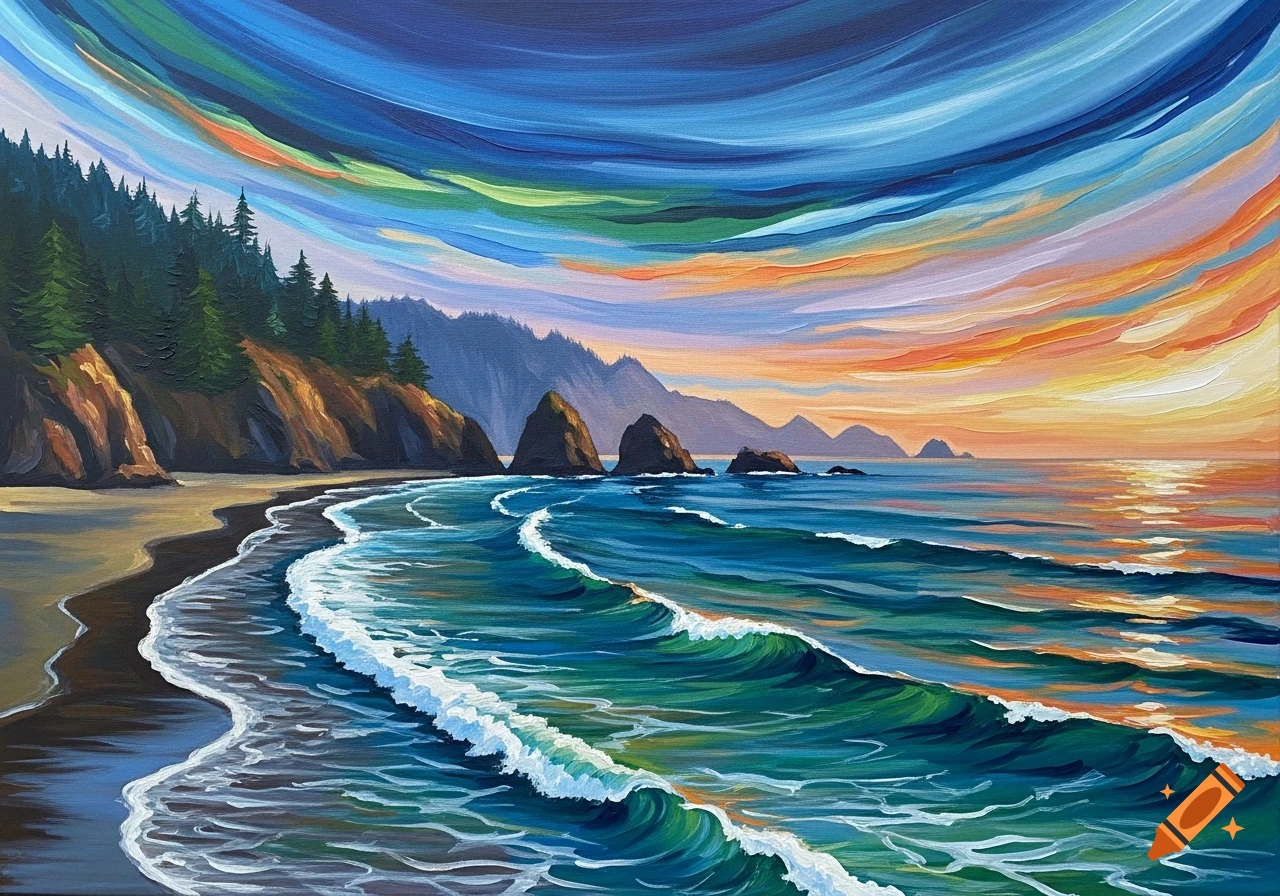 Abstract acrylic painting of a vibrant coastal landscape with breaking waves, cliffs, and a dramatic colorful sunset sky.