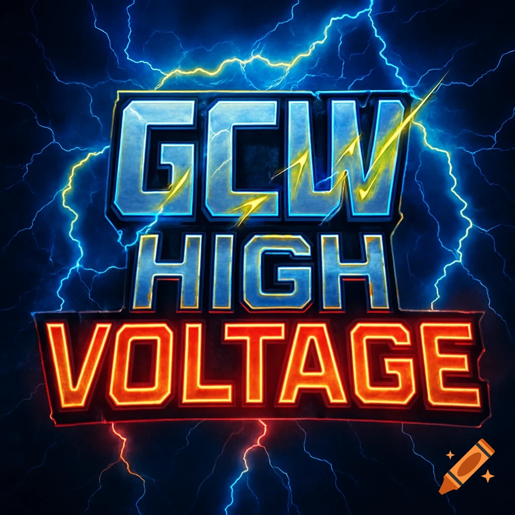 A wrestling logo for GCW High Voltage, featuring metallic blue text and red-orange neon text, against a dark background with striking blue and yellow lightning bolts.