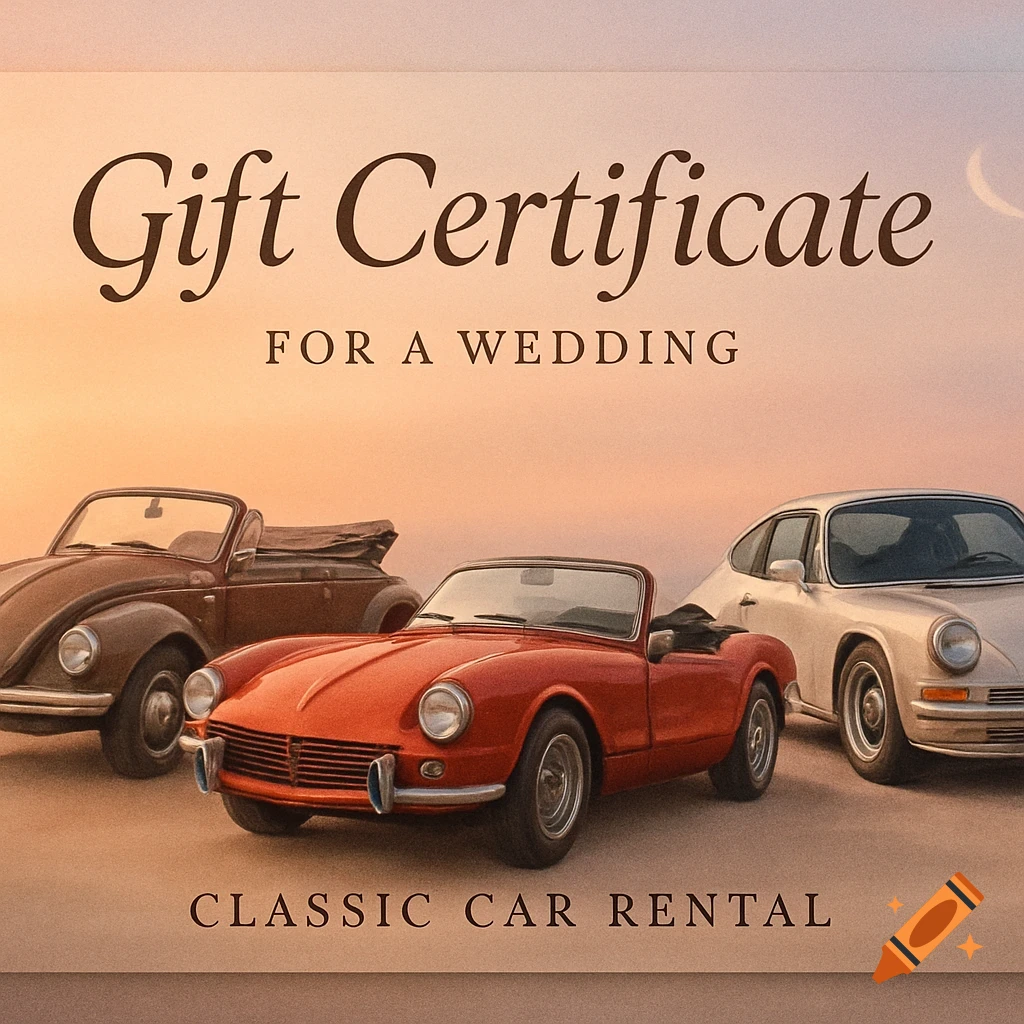 A gift certificate with 'Gift Certificate FOR A WEDDING CLASSIC CAR RENTAL' text, featuring a brown Volkswagen Beetle, red Triumph Spitfire, and silver Porsche 911.