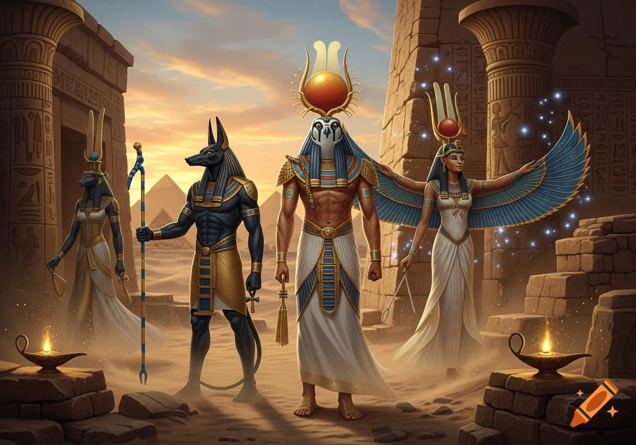 Four ancient Egyptian gods, including Anubis and Horus, stand in a desert temple at sunset with pyramids in the background.