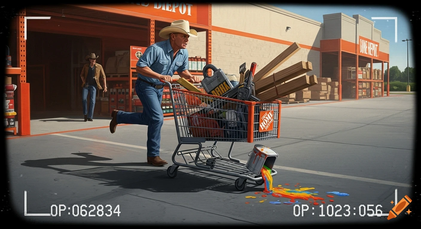A cowboy-hatted man sprints out of a Home Depot with a loaded shopping cart, spilling rainbow paint, as another man watches.