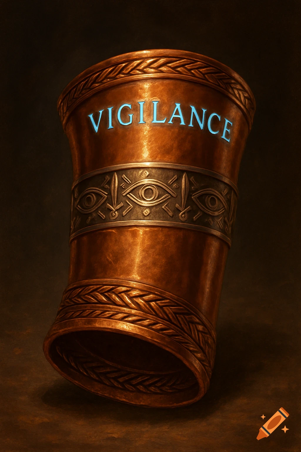 A detailed copper fantasy bracer engraved with glowing blue 'VIGILANCE', eyes, and swords, against a dark background.