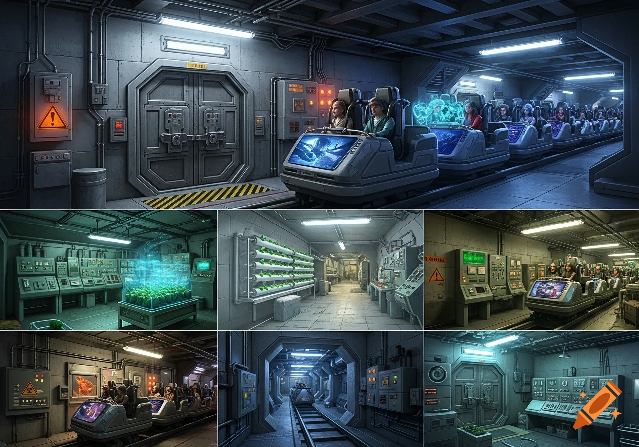 An underground theme park ride features futuristic cars moving on tracks through a high-tech bunker-like facility with control panels, industrial doors, and hydroponic plant farms.