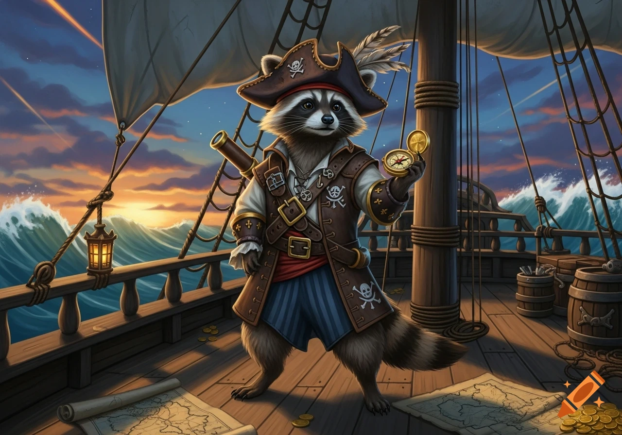 A cartoon raccoon pirate captain stands on a ship deck with a compass and telescope, against a sunset ocean background.