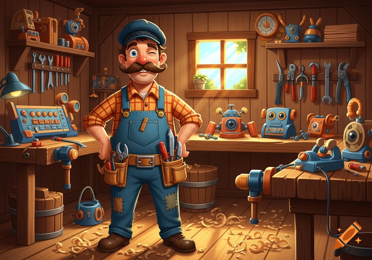 A cheerful, winking cartoon handyman with a mustache and overalls stands in a rustic wooden workshop filled with tools and small robots.