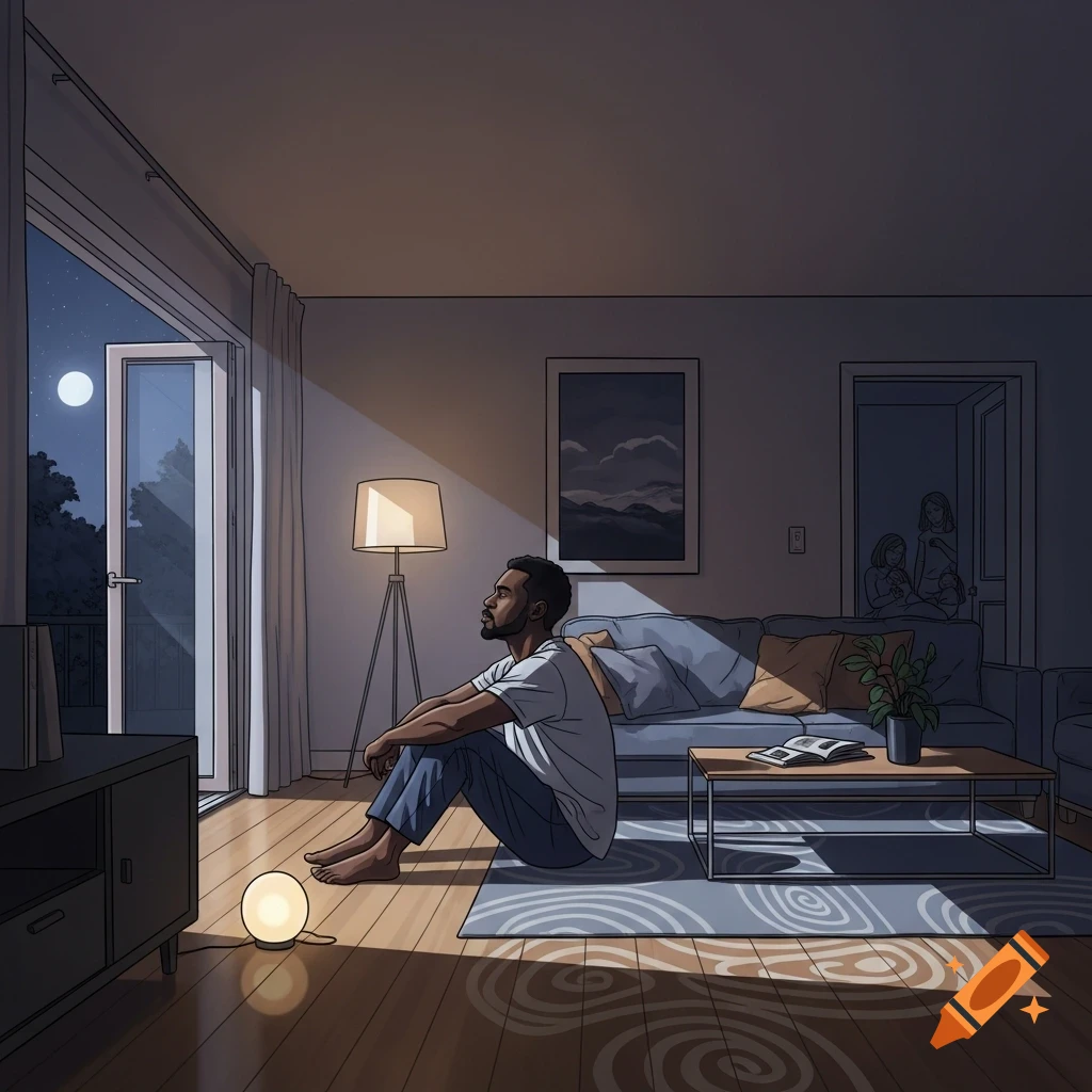 An illustration of a man sitting alone on a living room floor at night, looking out a balcony door at the moon.