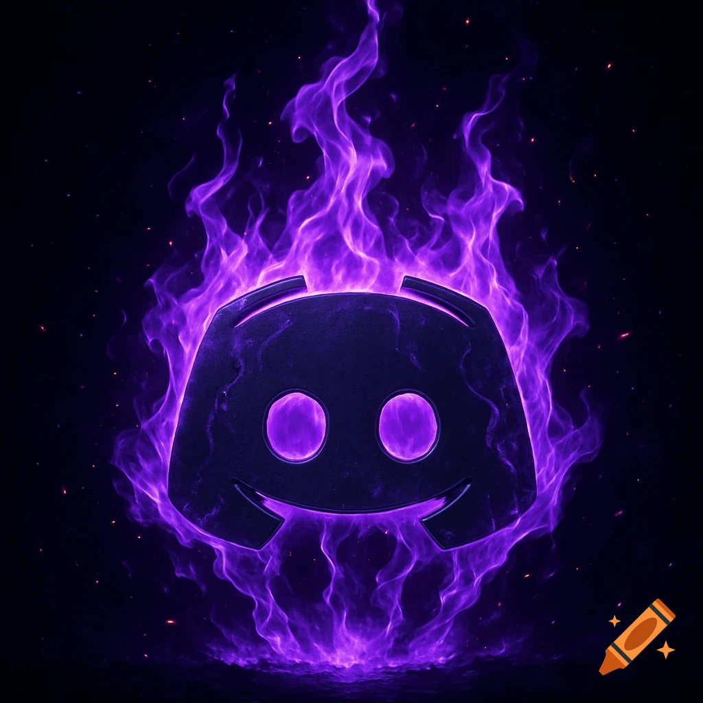 Purple Discord logo engulfed in vibrant purple flames with embers on a dark background.