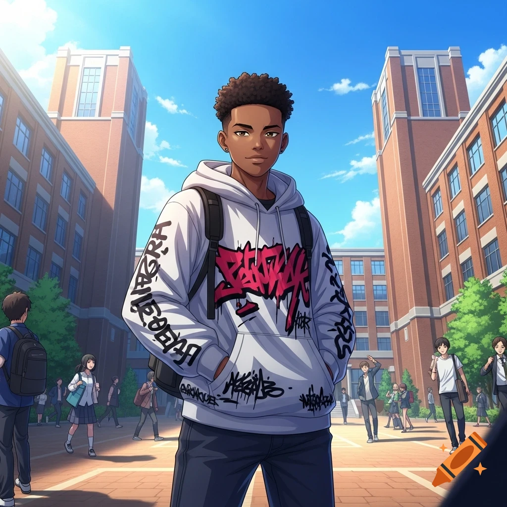 Anime male high school student with an afro and a graffiti-style hoodie stands in a sunny school courtyard.