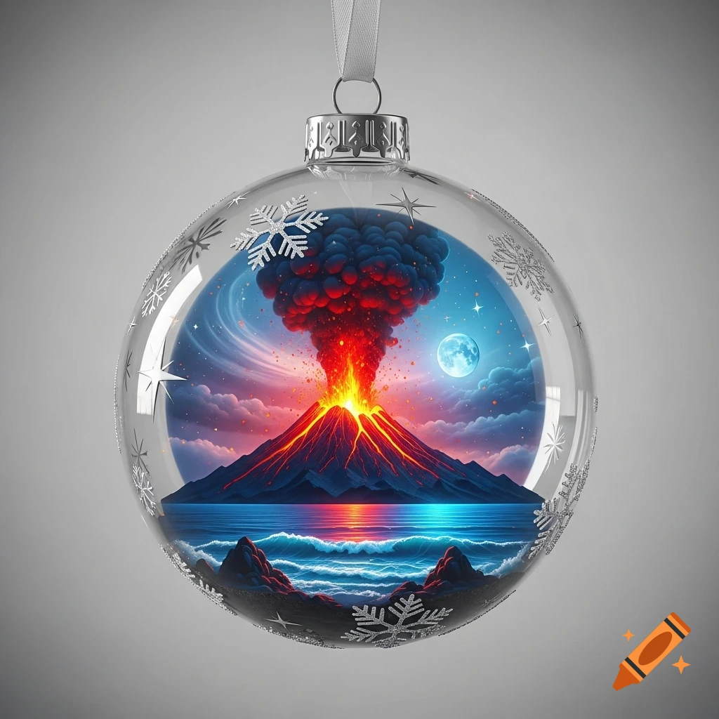 A glass Christmas bauble decorated with snowflakes contains a vibrant erupting volcano scene with a full moon over an ocean.