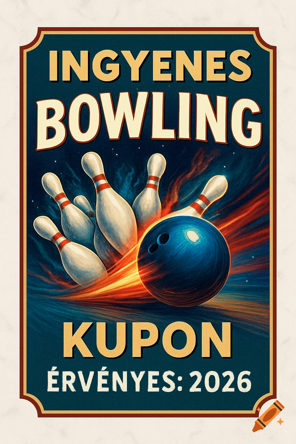 A vintage-style poster for a free bowling coupon, featuring a blue bowling ball streaking towards white pins amidst fiery trails on a starry dark blue background. Text reads "FREE BOWLING COUPON VALID: 2026" in Hungarian.