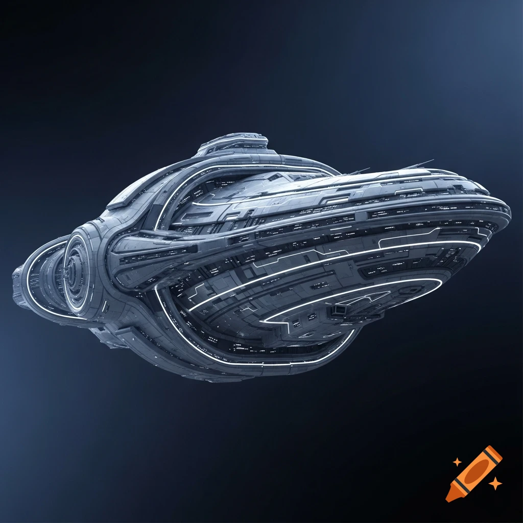 A highly detailed, futuristic spaceship with glowing white lights and sleek curves, set against a dark background.