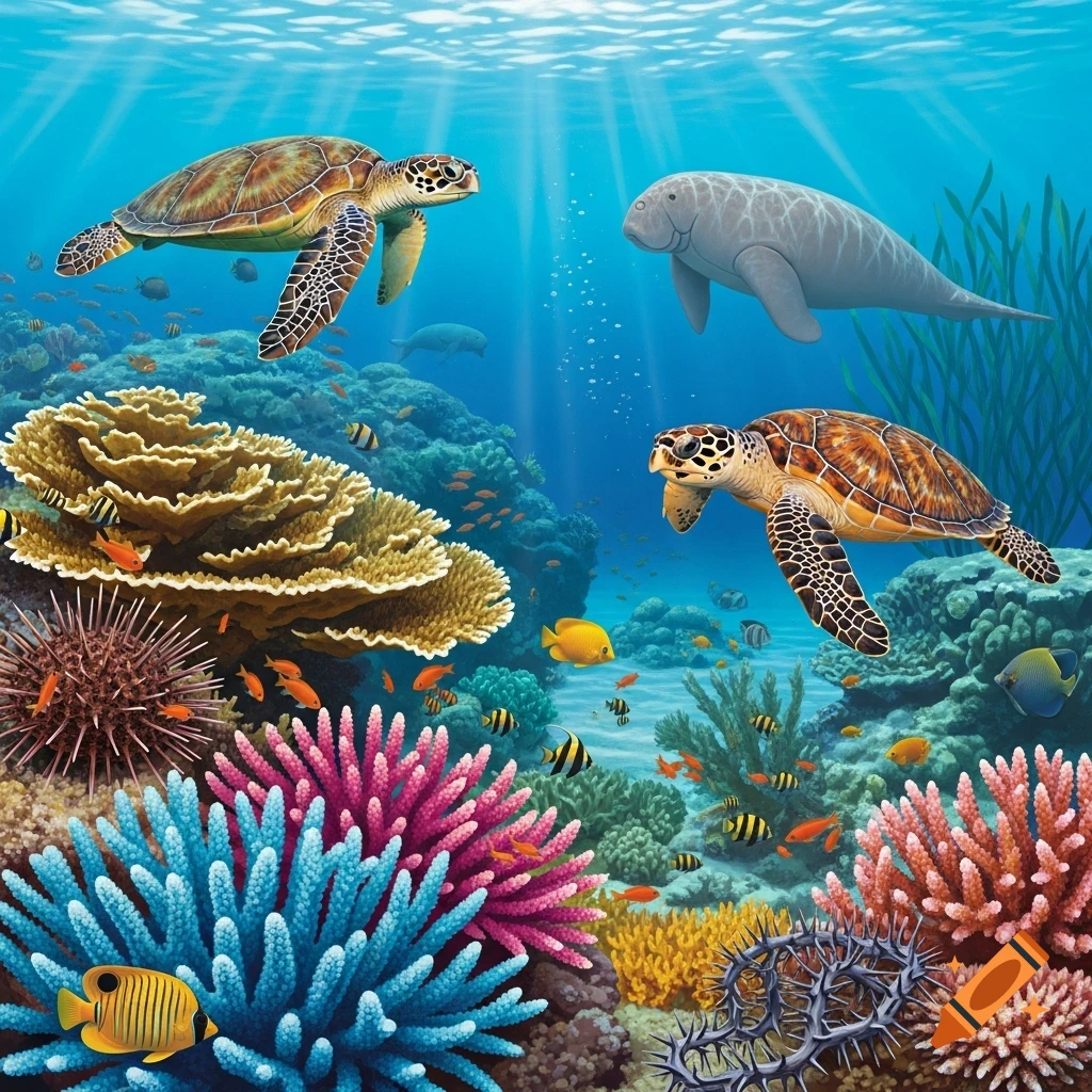 Vibrant underwater illustration of a coral reef with two sea turtles, a dugong, and colorful fish swimming among diverse corals.