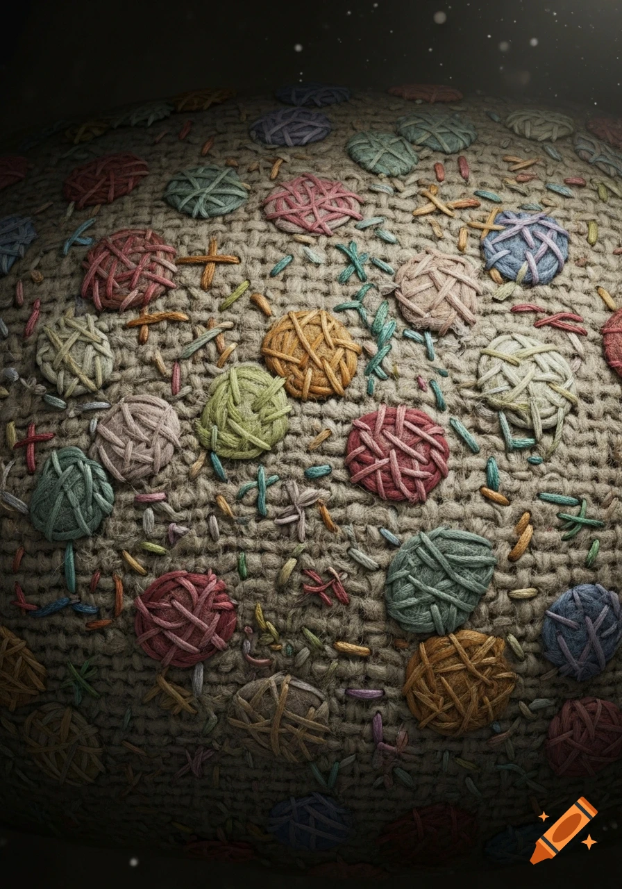 Close-up of a textured wool fabric covered in numerous colorful embroidered patches and scattered stitches.
