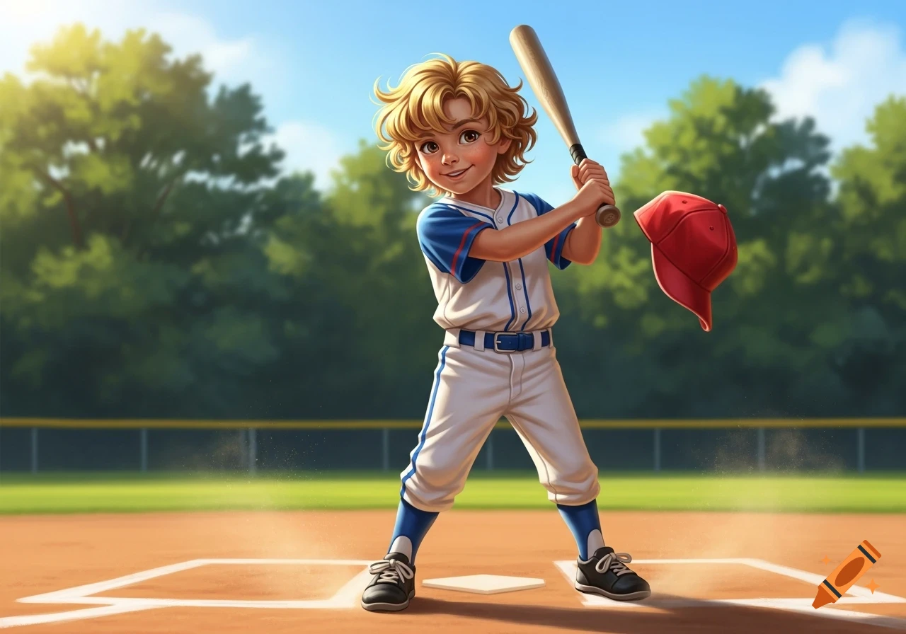 A cartoon boy with blonde curly hair in a baseball uniform swings a bat on a sunny field, his red cap flying off.