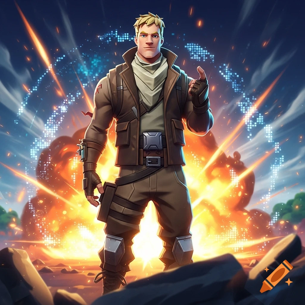 Anime-style Fortnite character Jonesy stands pointing against an explosion with digital blue effects.