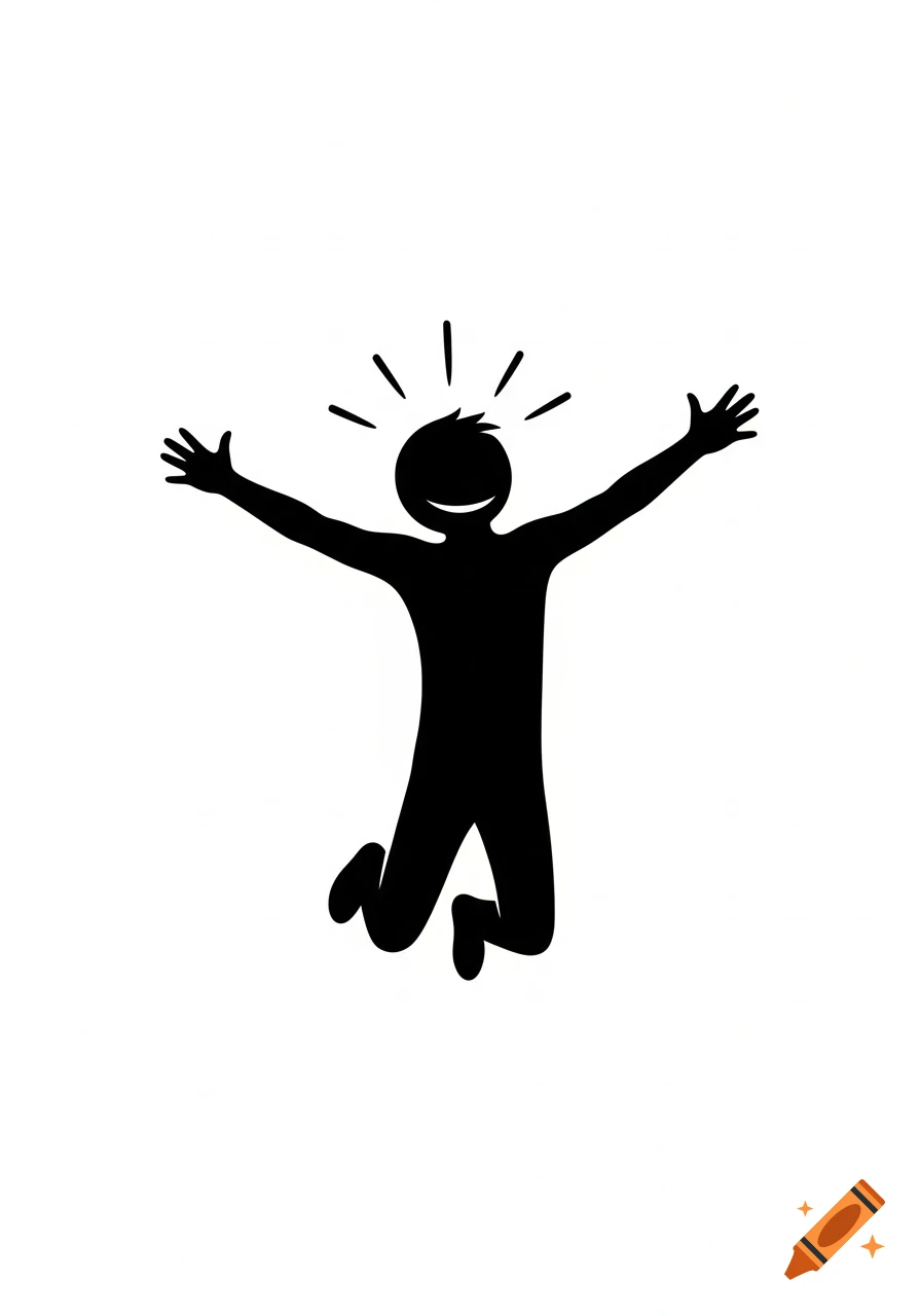 A black minimalist stickman figure with a smiling face jumps with arms outstretched on a white background.