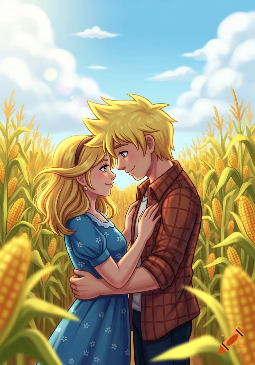 Anime-style depiction of a blonde couple, a man and a woman, embracing affectionately in a sunny cornfield.