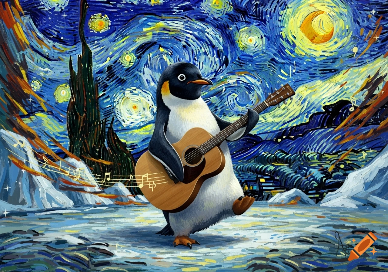 A penguin plays an acoustic guitar on an icy landscape under a swirling, starry sky in the style of Van Gogh.