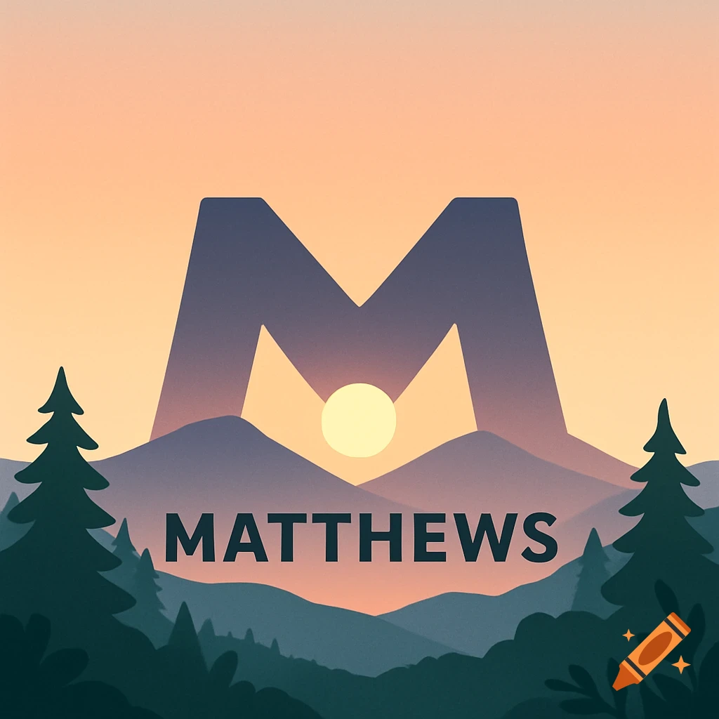 Minimalist illustration of mountains shaped like the letter M, with a sunrise, pine trees, and 'MATTHEWS' text.