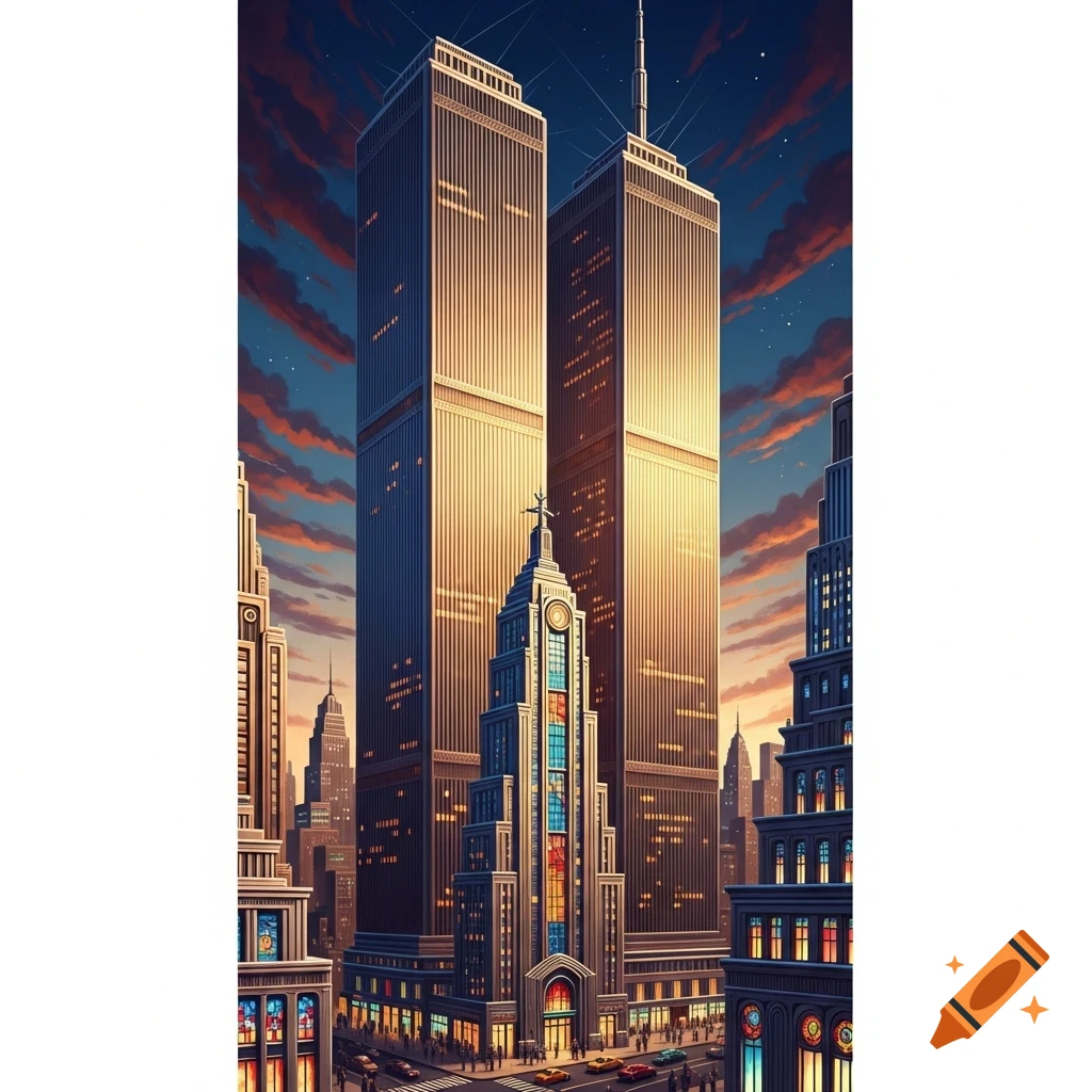 An art deco cityscape at twilight featuring prominent twin towers and a highly detailed central building with colorful windows.