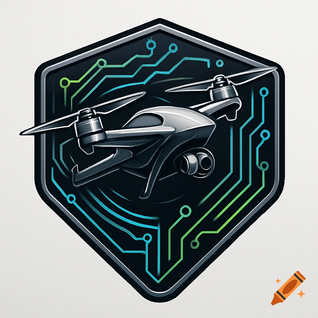A stylized high-tech drone logo within a hexagonal badge, featuring a drone with a camera and green and blue circuit patterns.